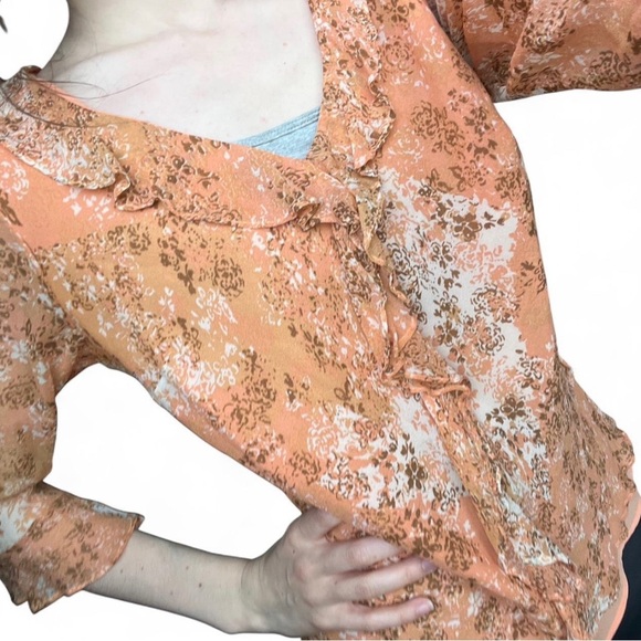 Y2K i e Orange Floral Silk Tunic Fairy Feminine Chiffon Ruffle Top Medium - Picture 7 of 13